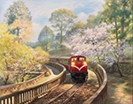 Alishan Forest Railway with cherry blossoms near Chaoping Station
